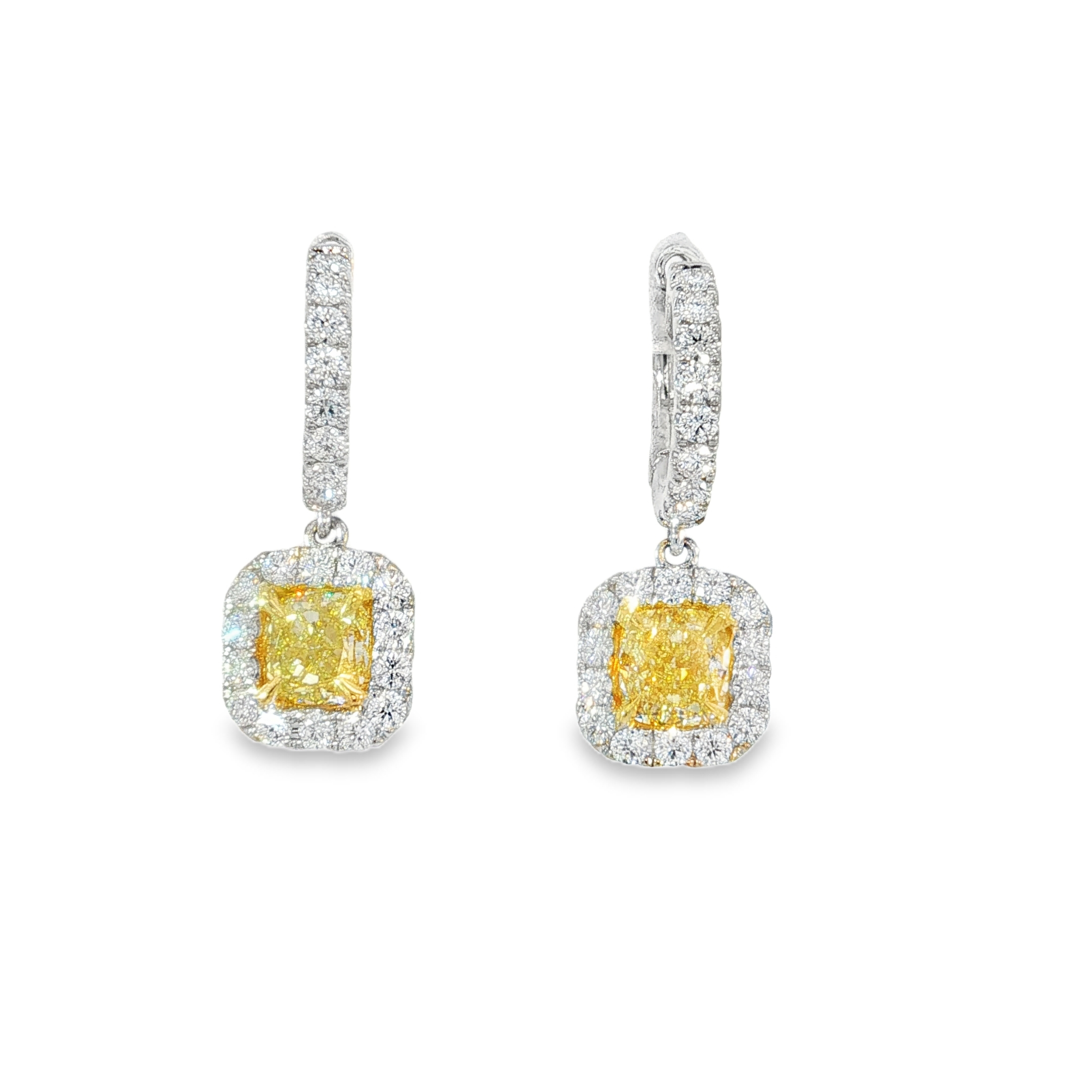 18KWY Drop Halo Earrings Yellow Cushion DIA 2.01CT DIA 1.03CT FLY VS1 GIA