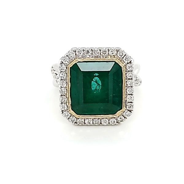 18KWY Halo Milgrain Bezel Green Emerald Ring Emerald 6.74CT DIA 0.72CT GIA 