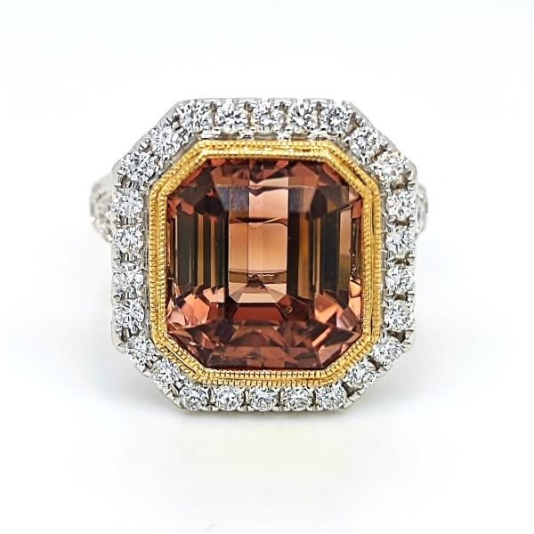 18KWY Milgran Bezel Orangy Pink Tourmaline Halo Ring Radiant Tourmaline 9.46CT DIA 0.92CT 