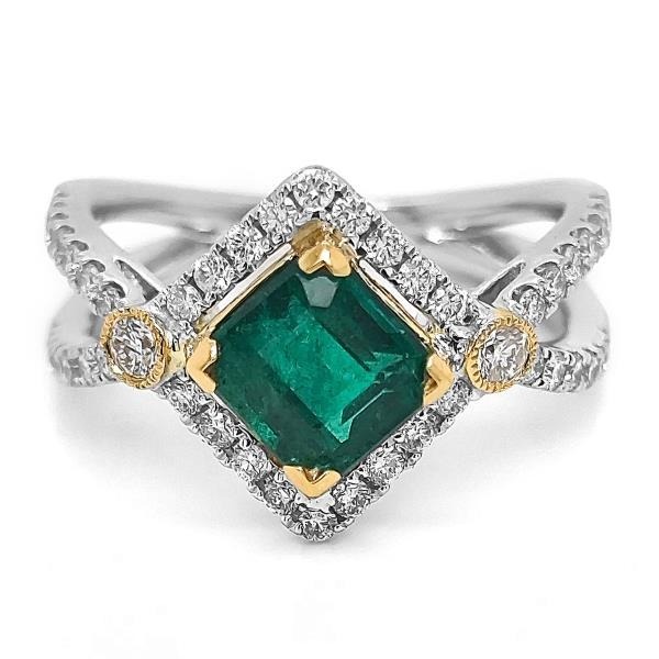 18KWY Split Shank Green Emerald Halo Ring Emerald 1.70CT DIA 0.56CT GIA 