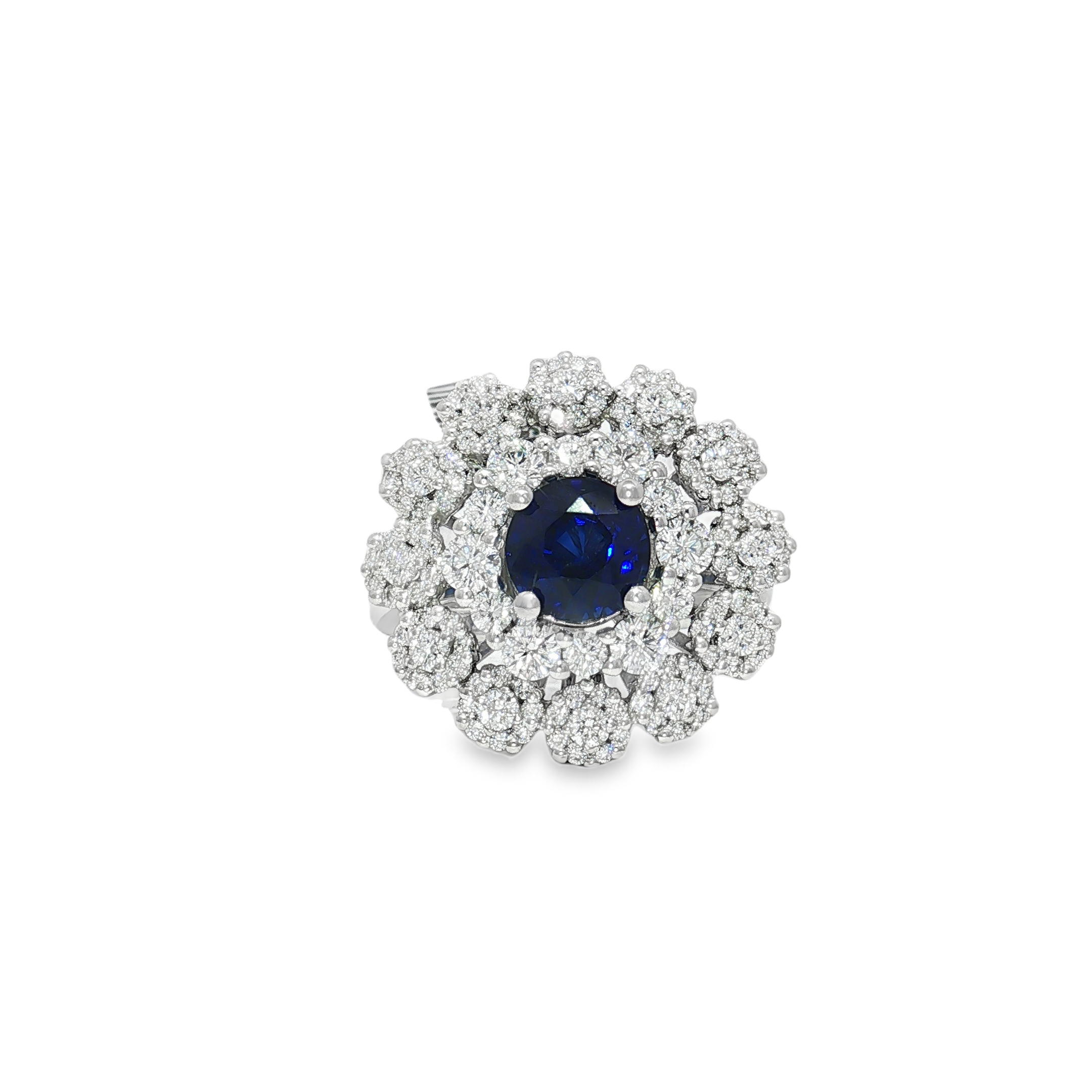 18KW Double Halo Ring RB Blue Sapphire 1.66CT DIA 1.46CT GIA 
