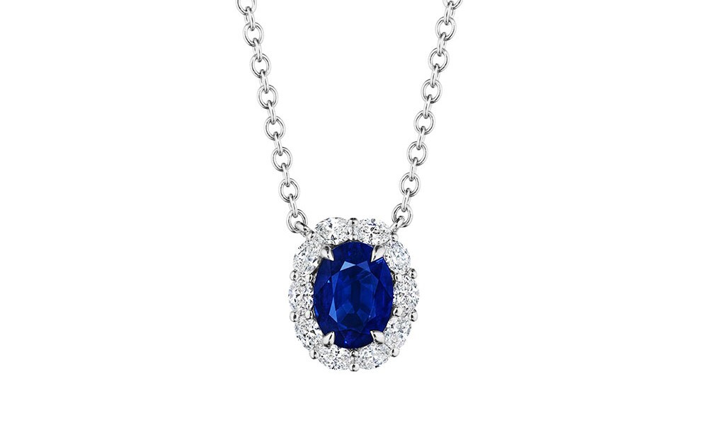 18KW Oval Sapphire & Oval Diamond Halo Pendant Blue Sapphire 1.67CT DIA 0.61CT 
