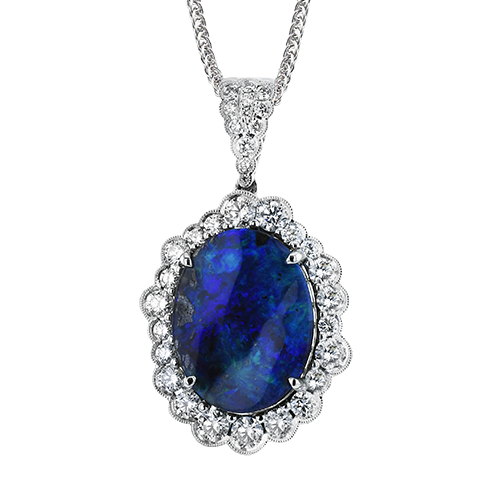 18KW Simon G Boulder Opal Halo Pendant Oval Opal 8.62CT DIA 1.27CT