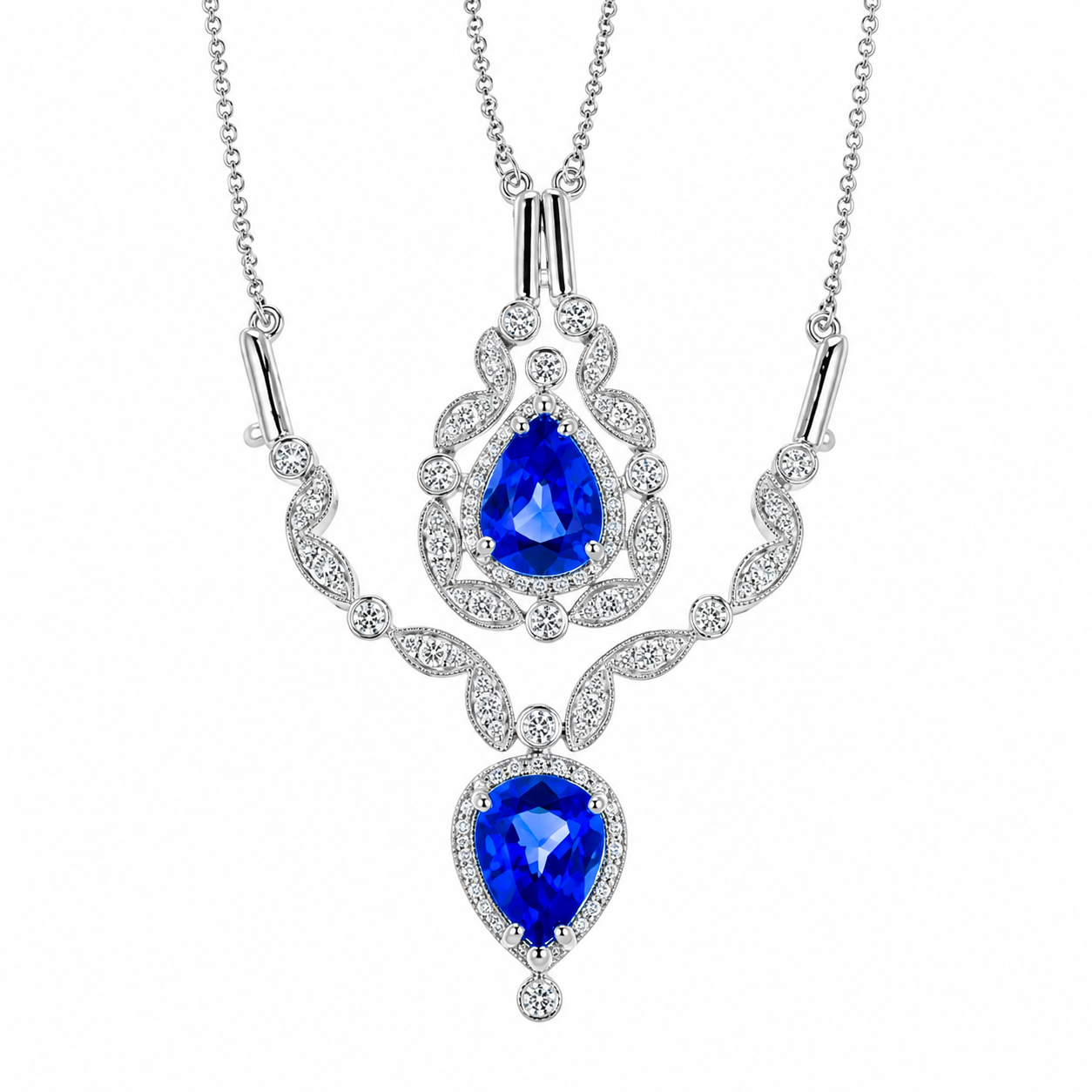18KW Simon G Multi Style Convertible Blue Sapphire & Diamonds Pendant Pear Shape Sapphire 1.66CT DIA 0.43CT
