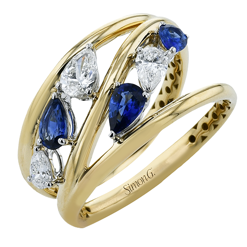 18KYW Cocktail Simon G Ring Pear Shape Blue Sapphire 0.64CT Pear Shape DIA 0.47CT