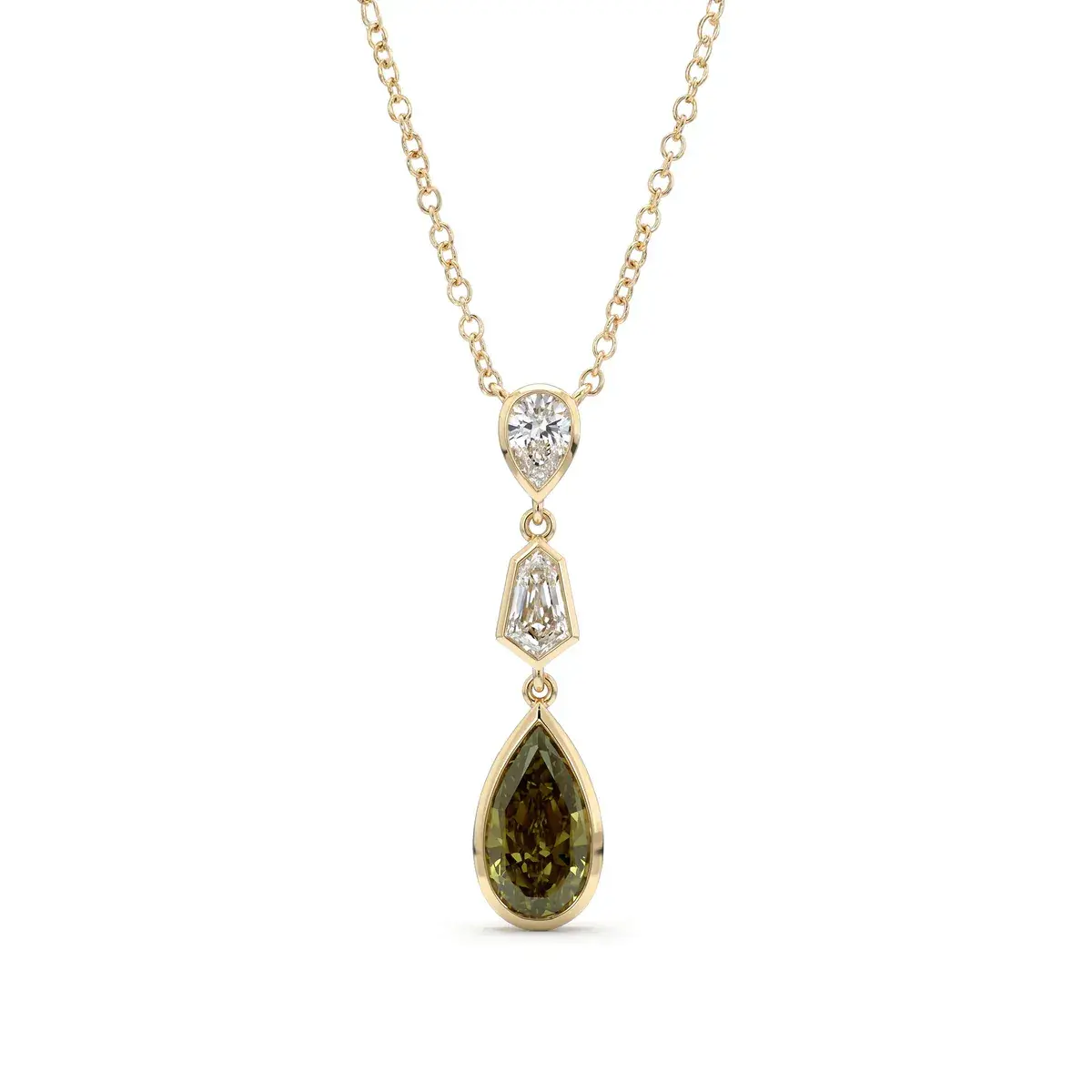 18KY Green Chameleon 3 Stone Diamond Pendant Green Pear Shape 1.20ct DIA 0.42CT VS1 GIA