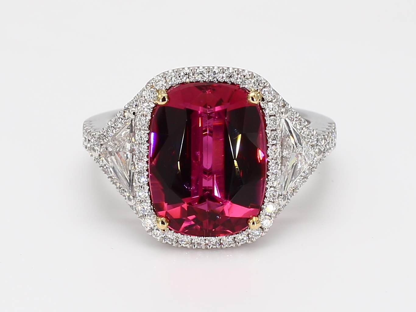 Platinum 3 Stone Halo Ring Cushion Pink Tourmaline 4.97CT DIA 0.80CT 