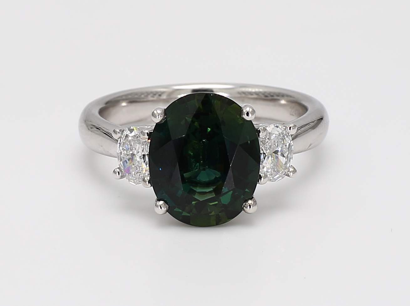 Platinum 3 Stone Ring Unheated Oval Teal Sapphire 4.18CT DIA 0.48CT GIA 
