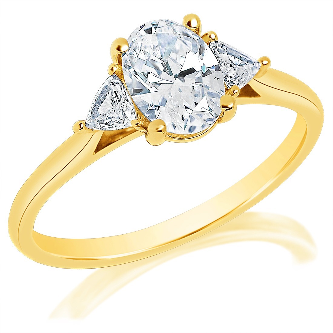 Yellow Gold 3 Stone Engagement Ring With Oval Center & Trillion Side Diamonds CZD 0.22CT