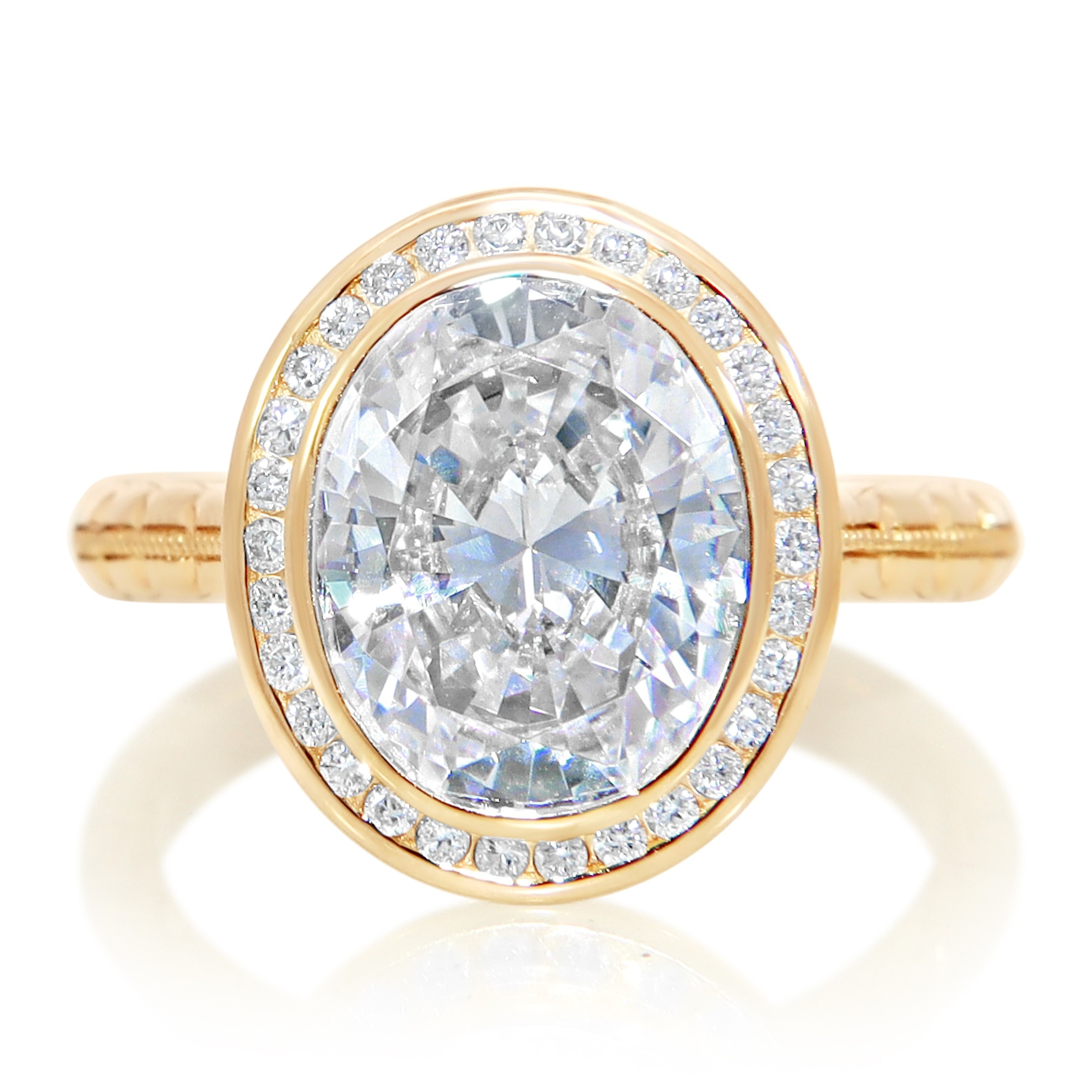 Yellow Gold Channel Halo Vintage Inspired Oval Engagement Ring CZD 0.20CT