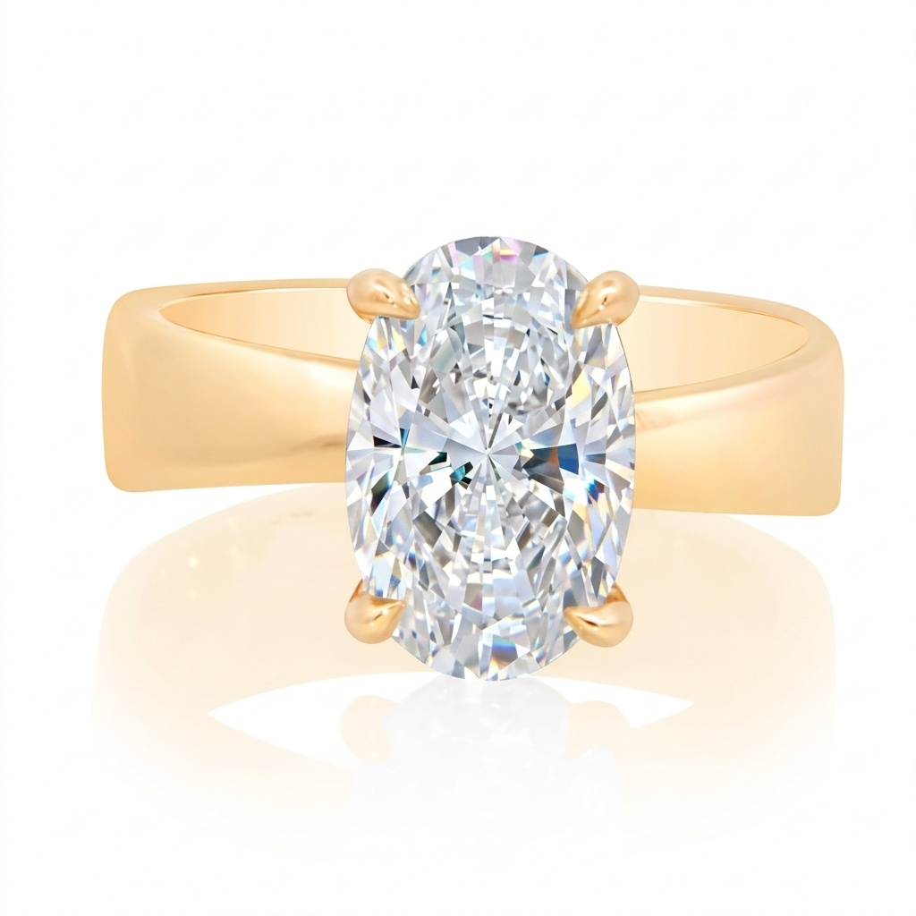 Yellow Gold Hidden Halo High Polish Ribbon Engagement Ring With Oval Center CZD 0.09CT