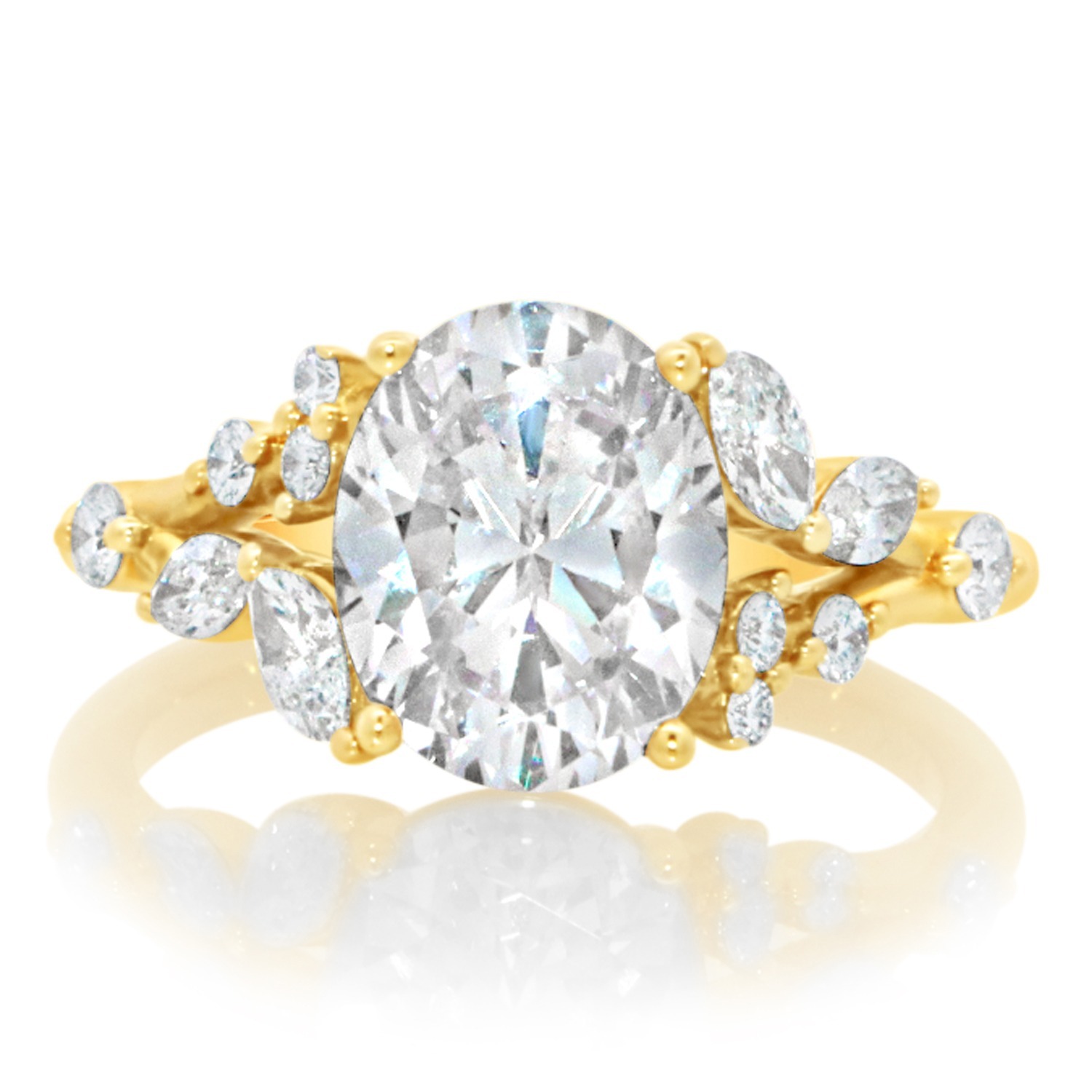Yellow Gold Oval Center With Marquise and Round Asymmetrical Split Shank Engagement Ring CZD 0.62CT