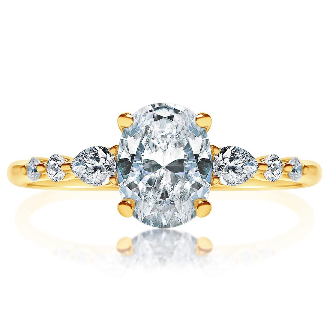 Yellow Gold Oval Diamond Decorated Band Engagement Ring CZD 0.29CT 