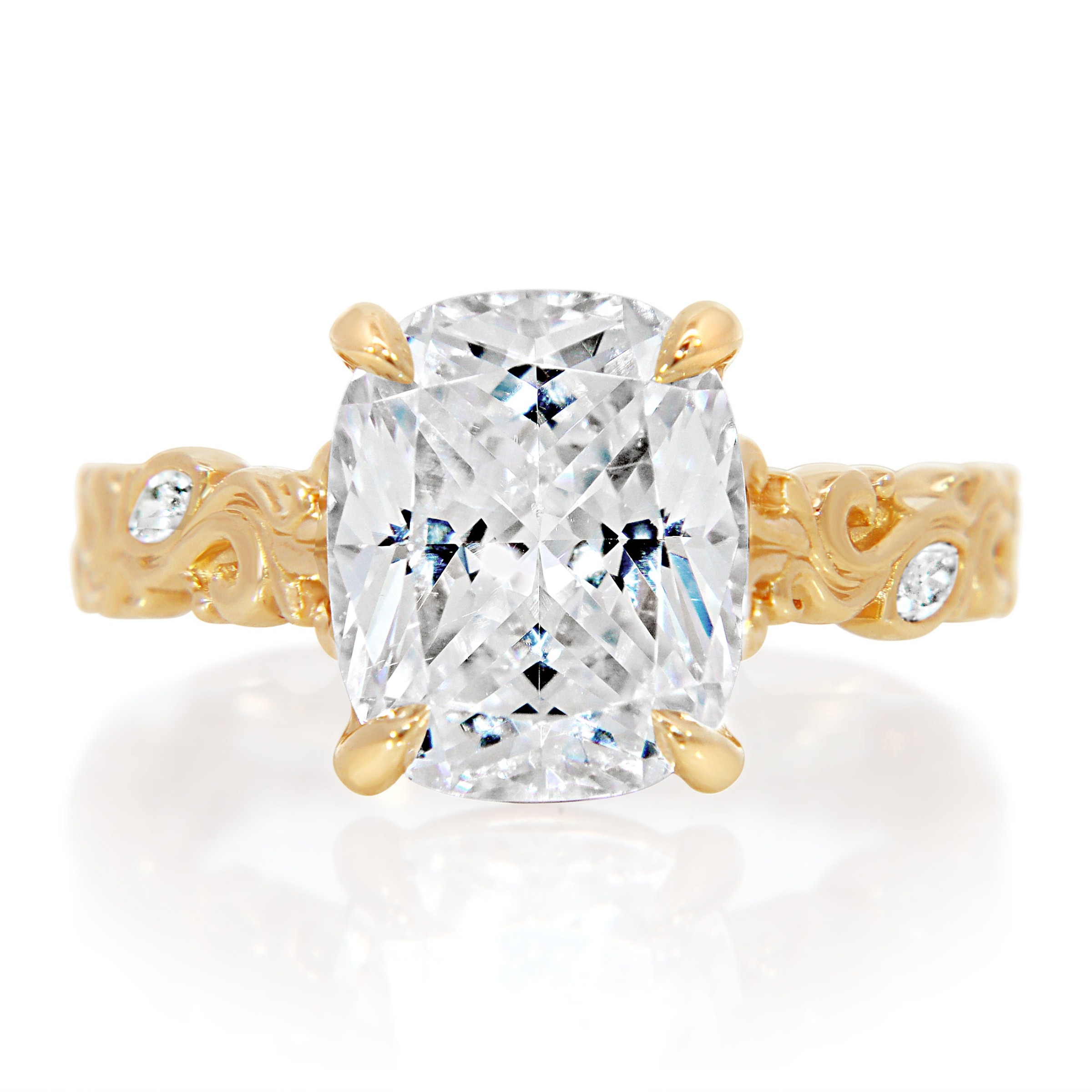 Yellow Gold Swirling Scroll Shank Cushion Engagement Ring With Round & Marquise Side Diamonds CZD 0.18CT
