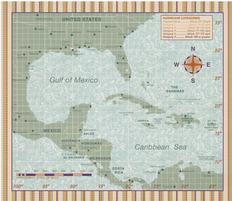 Graphing the Gulf Panel – Tracking the Tropics Fabric Collection by Marillyn In the Moon