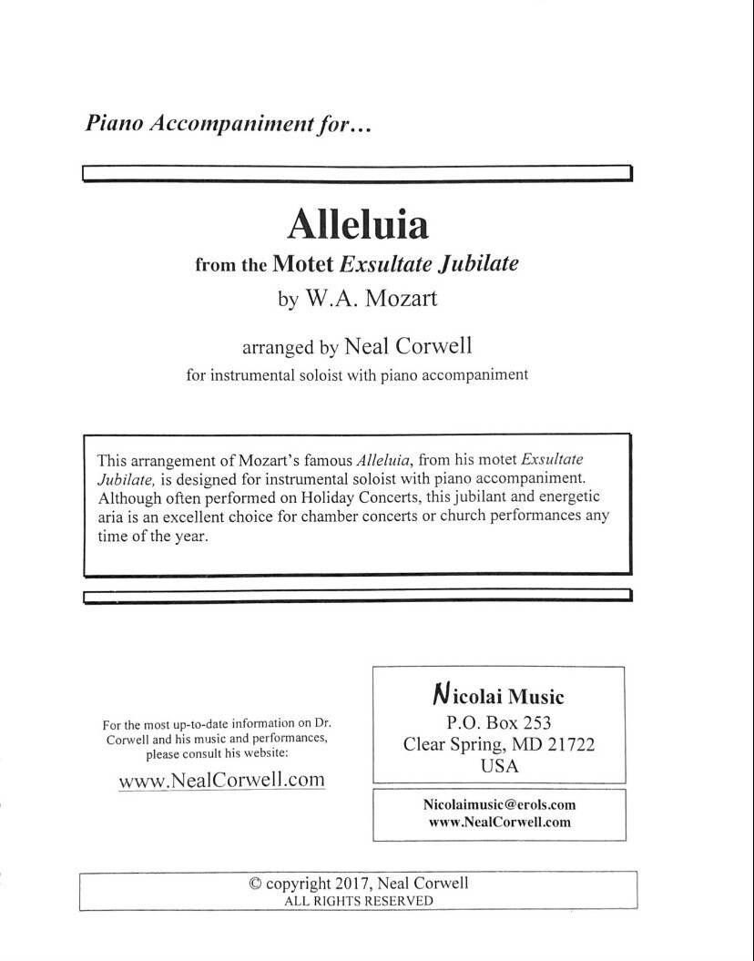 ALLELUIA FROM MOTET EXSULTATE JUBILATE FOR B FLAT TREBLE CLEF OR BASS CLEF SOLO WITH PIANO - MOZART ARR CORWELL