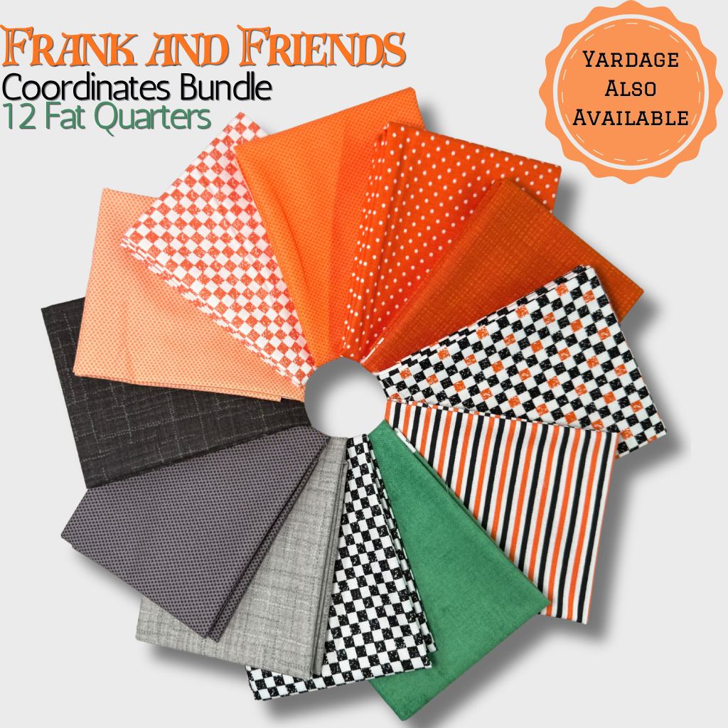 Frank and Friends Coordinates Fat Quarter Bundle – 12 Piece Halloween Fabric Bundle – Orange Black Green