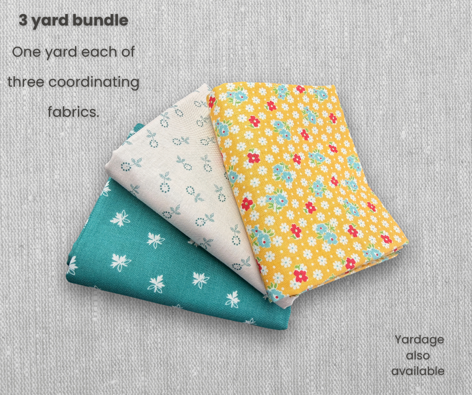 Lori Holt 3 Yard Bundle – Yellow Floral & Teal Coordinating Fabrics – 3 One Yard Cuts
