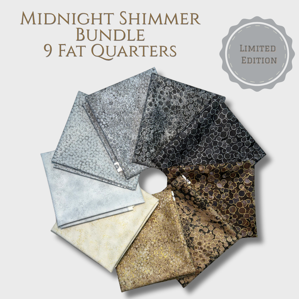 Midnight Shimmer Fat Quarter Bundle – 9 Piece Metallic Fabric Bundle – Black Gold Silver Quilting Fabric – Neutral Luxe Quilt Fabric Bundle