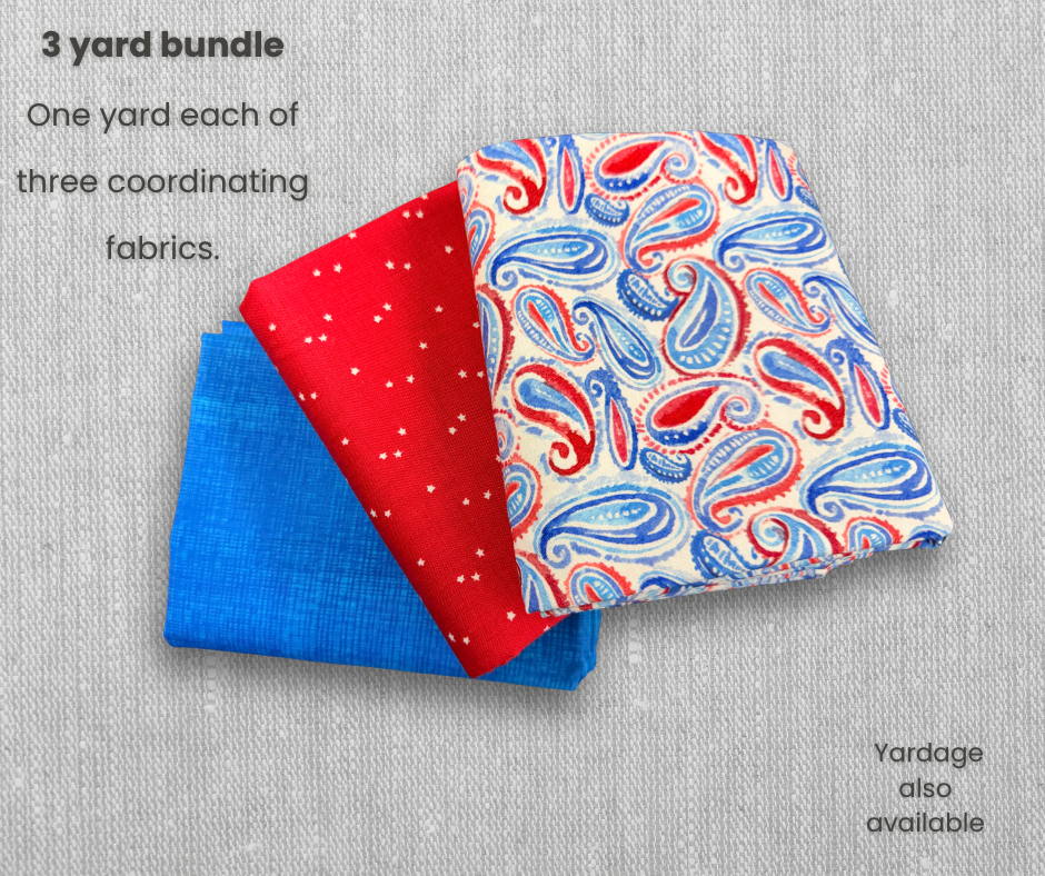 Patriotic 3 Yard Fabric Bundle – Red White Blue Quilt Fabric Set – Paisley Floral & Blender Prints – 3 One Yard Cuts – Americana Quilting Fabric