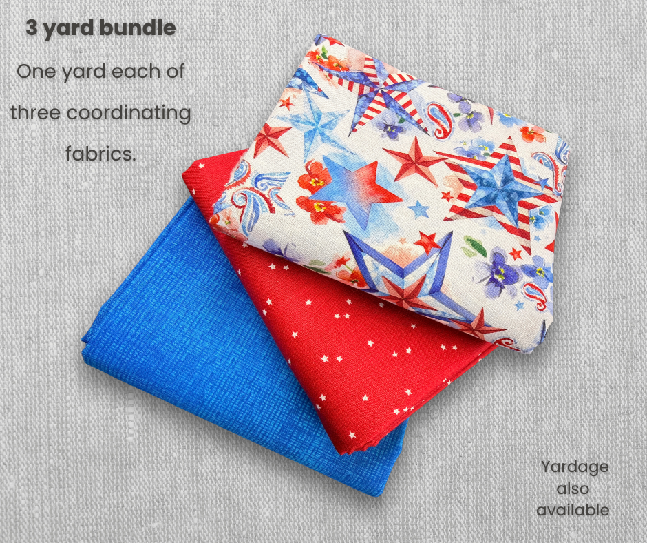 Patriotic Star 3 Yard Fabric Bundle – Red White Blue Quilt Fabric Set – Americana Stars & Blender Prints – 3 One Yard Cuts – Quilting Cotton Bundle