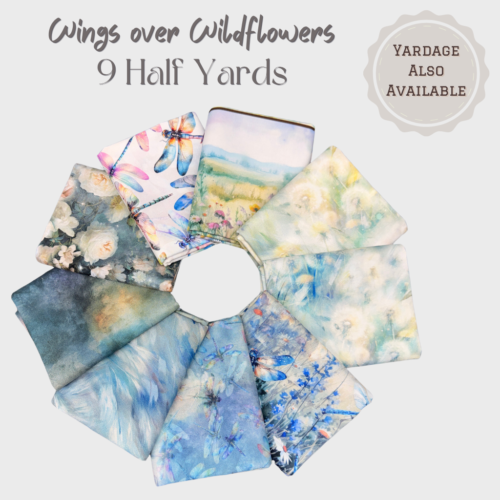 Wings Over Wildflowers Fabric Bundle – 9 Half Yard Cuts – Dragonfly Fabric Collection – Watercolor Floral Quilting Cotton Bundle