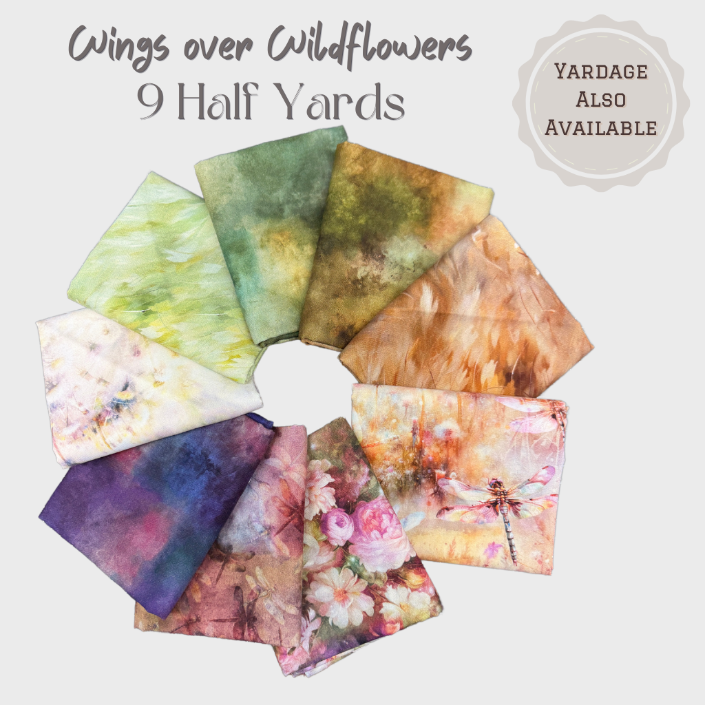 Wings Over Wildflowers Fabric Bundle – 9 Half Yard Cuts – Dragonfly Fabric Collection – Watercolor Floral Quilting Cotton Bundle - copy