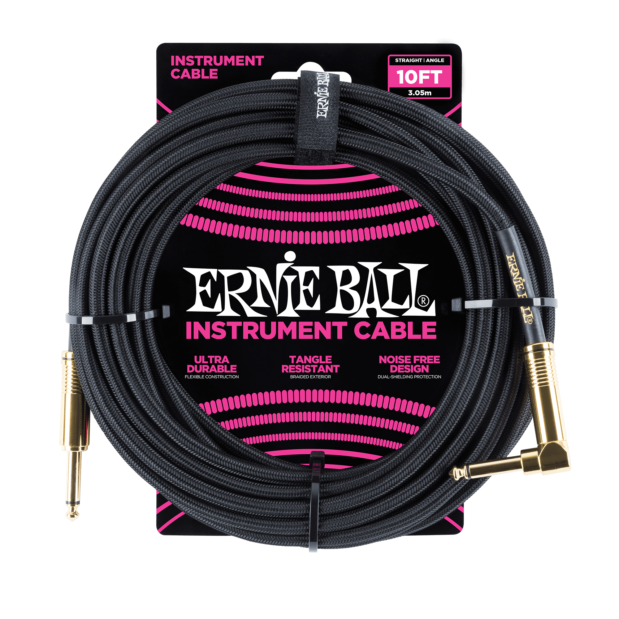 Ernie Ball 6081 10ft Braided Instrument Cable Straight/Angle - Black w/Gold Connectors