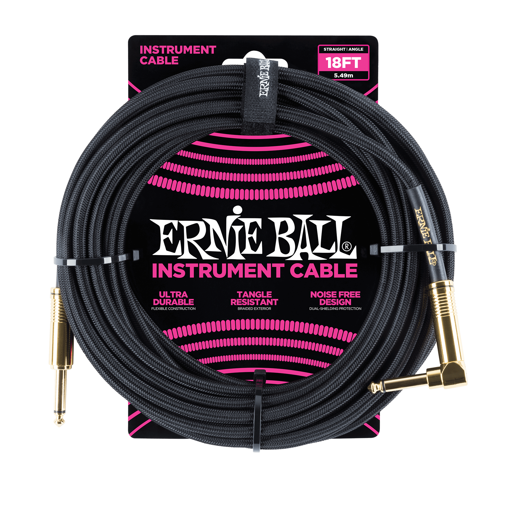 Ernie Ball 6086 18ft Braided Instrument Cable Straight/Angle - Black w/Gold Connectors