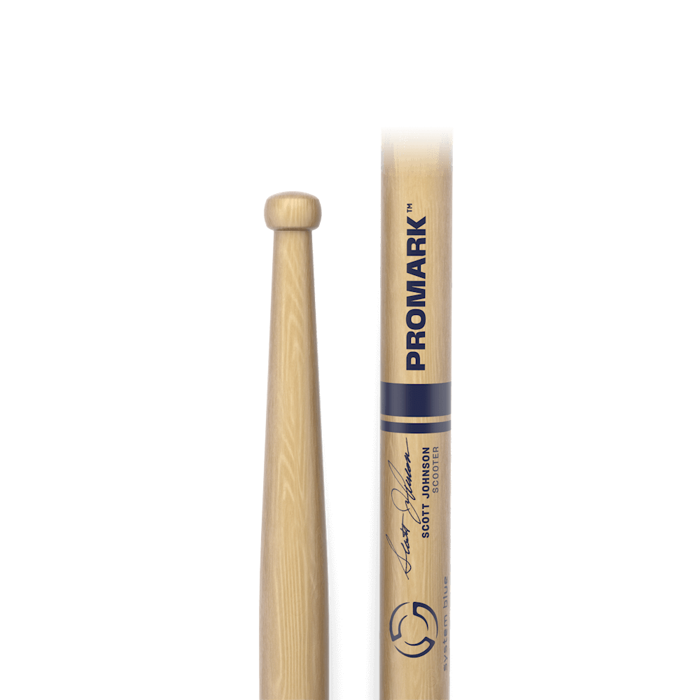 Promark TXDC27W Scott Johnson System Blue Scooter Wood Tip Drumstick