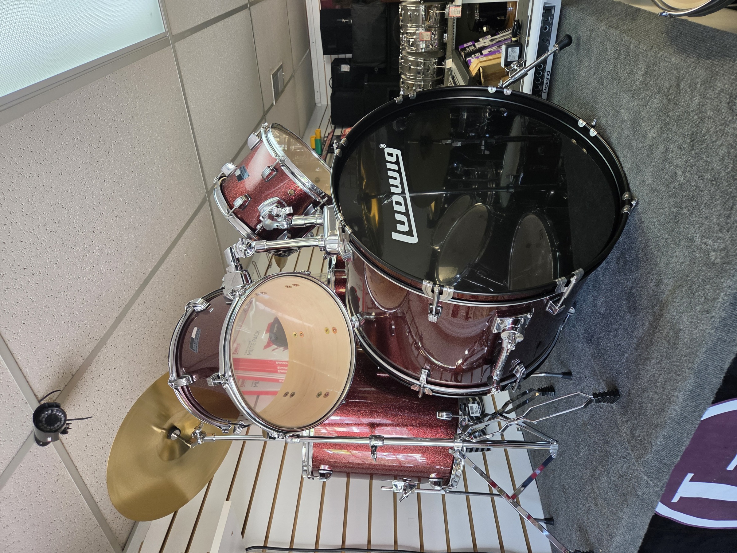 Used -Ludwig LC18534 BackBeat Complete 5-Piece Drum Set With Hardware and Cymbals - Wine Red Sparkle
