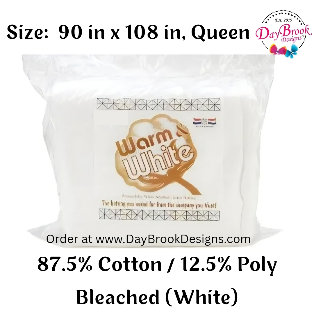 Warm & White Batting - 90 in x 108 in, Queen - Blended 87.5% Cotton 12.5% Polypropylene, Bleached/White