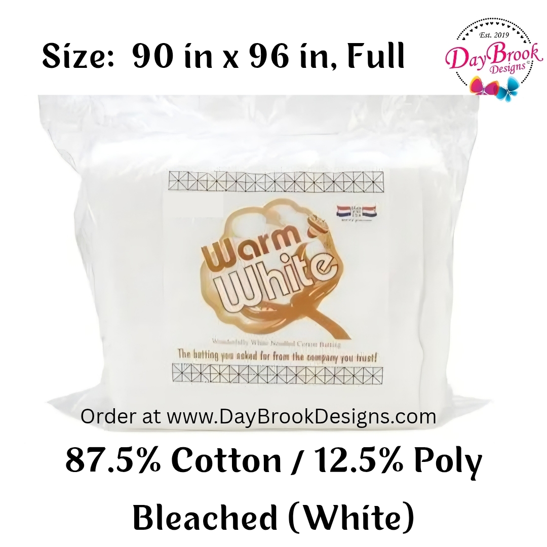 Warm & White Batting - 90 in x 96 in, Full - Blended 87.5% Cotton 12.5% Polypropylene, Bleached/White