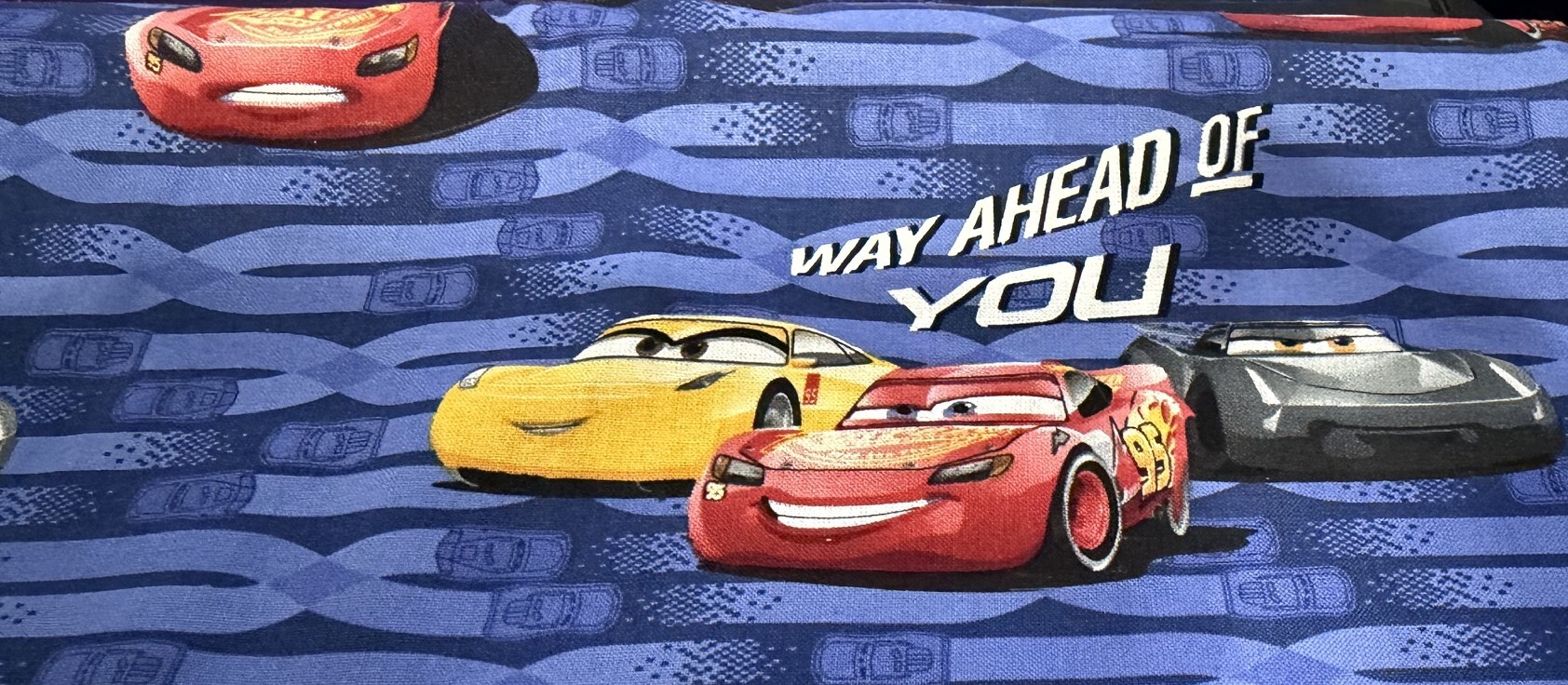 Disney Pixar Cars Fabric Remnant – Blue “Way Ahead of You” – 33 x 108