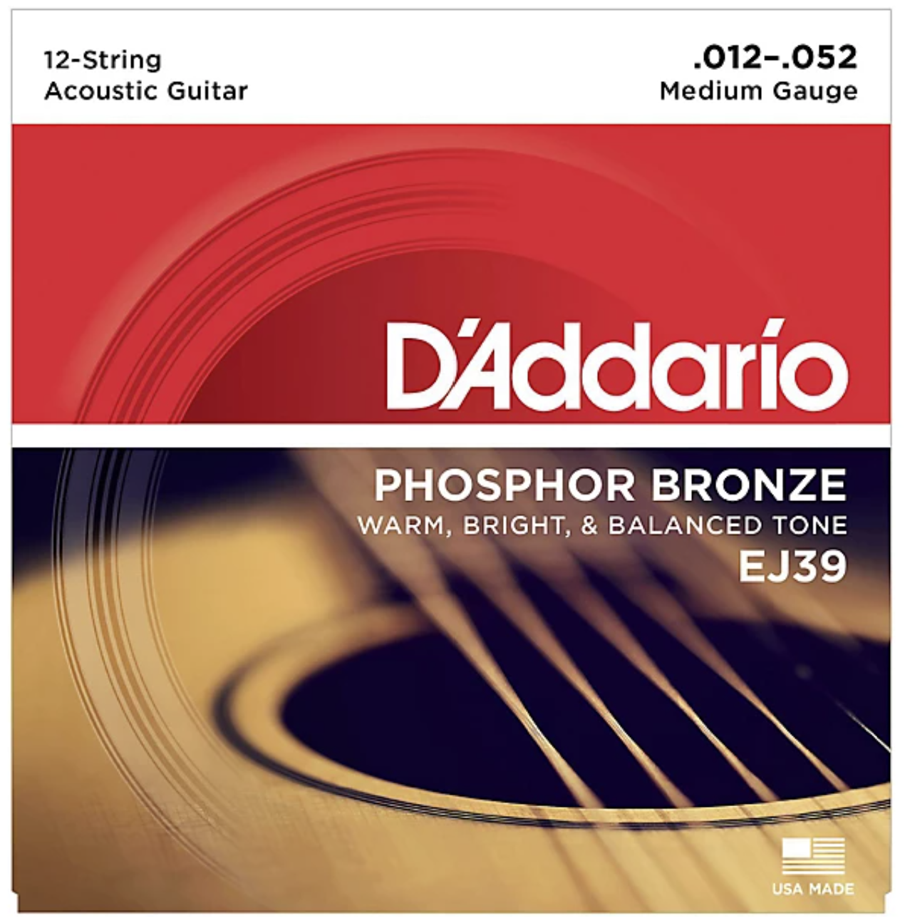 D'Addario EJ39 12-String Phosphor Bronze Acoustic Guitar Strings, Medium, 12-52