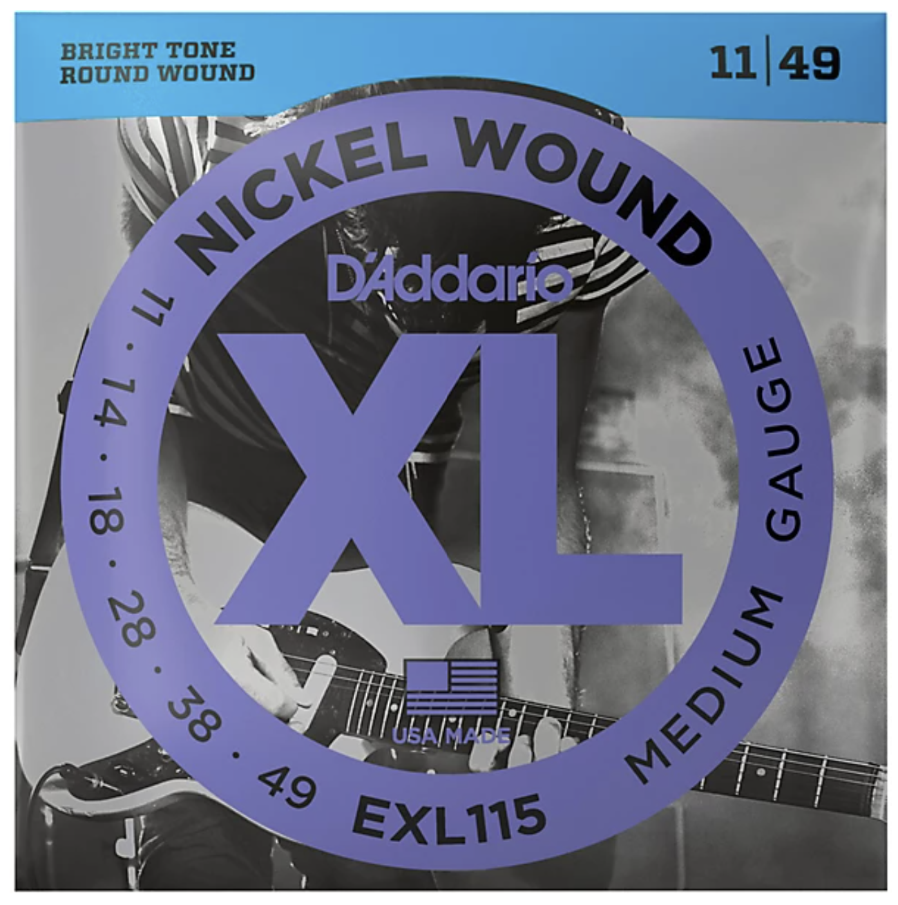 D'Addario EXL115 Nickel Wound Electric Guitar Strings, Medium/Blues-Jazz Rock, 11-49