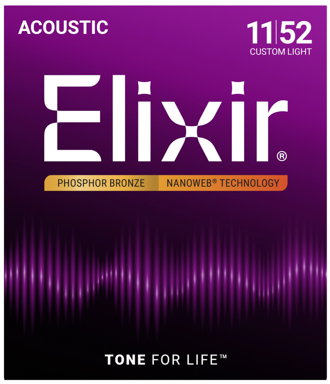 Elixir Phosphor Bronze Nanoweb Coated Acoustic Guitar Strings Custom Light (11 - 52)