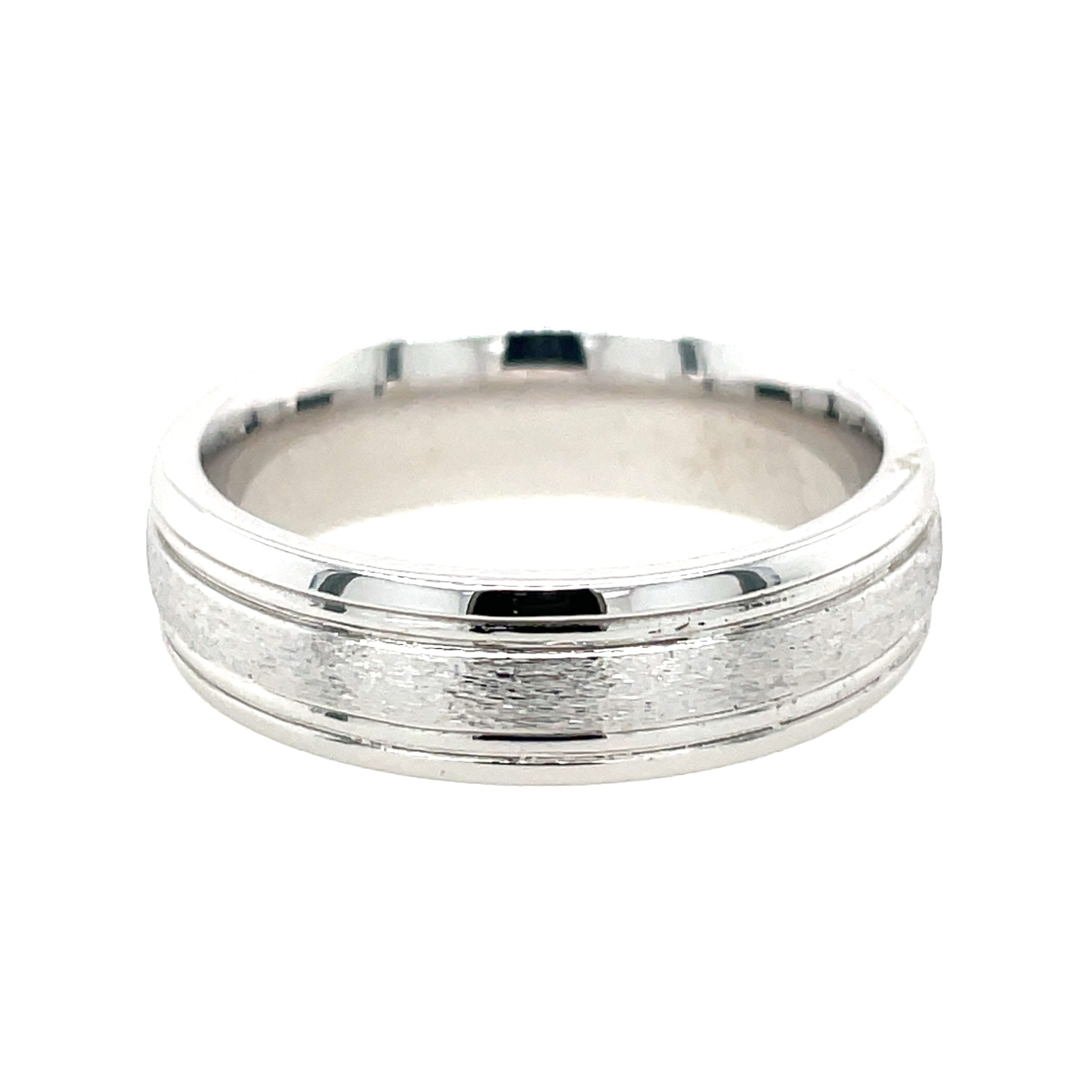 10k White Gold Mens 6mm Half Round Band with Grooves Comfort Fit with Stone Finish