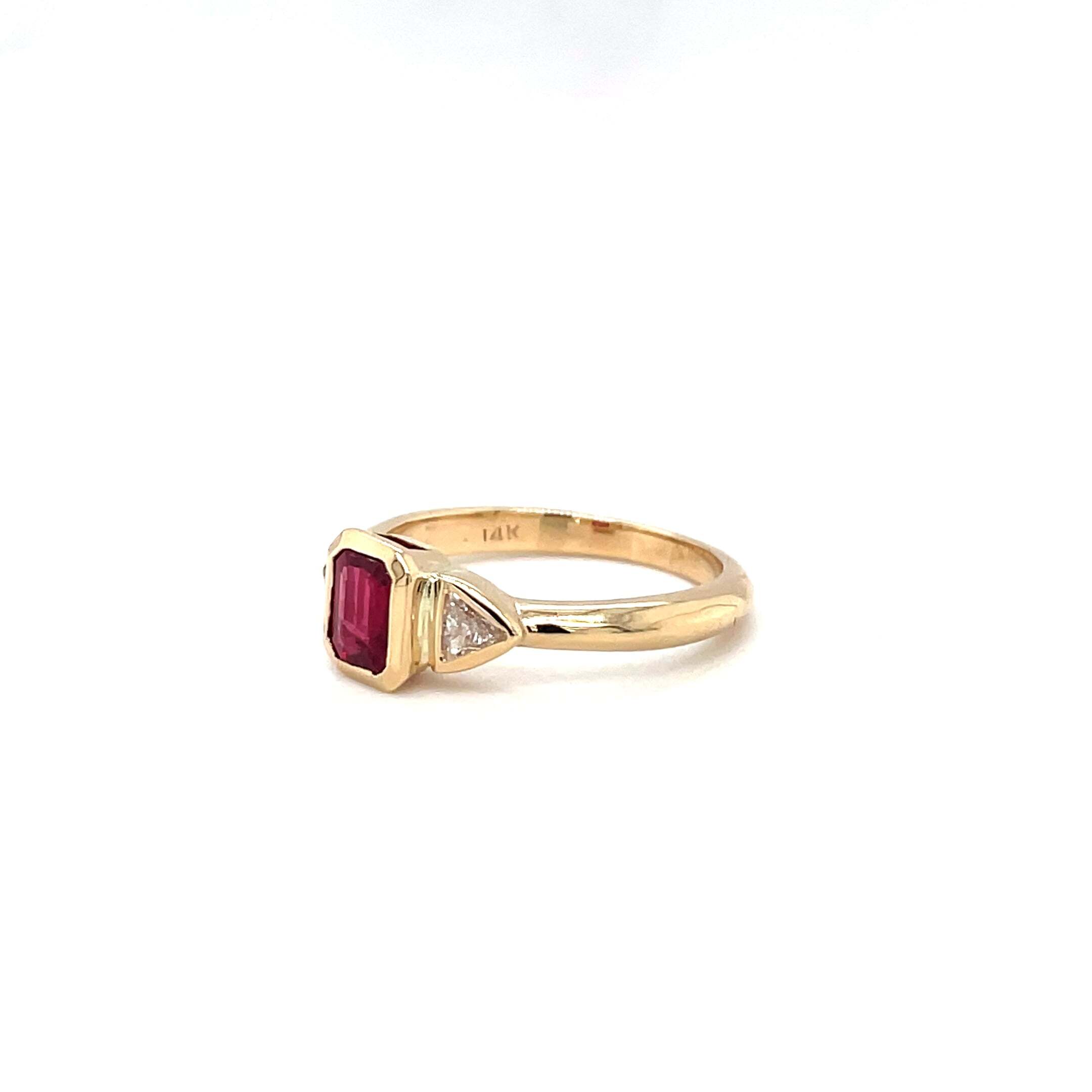 14K Y/G Ring with.46ct. Genuine Emerald Cut Ruby with Two Trillion Cut Diamonds at .45Ct. T.W.