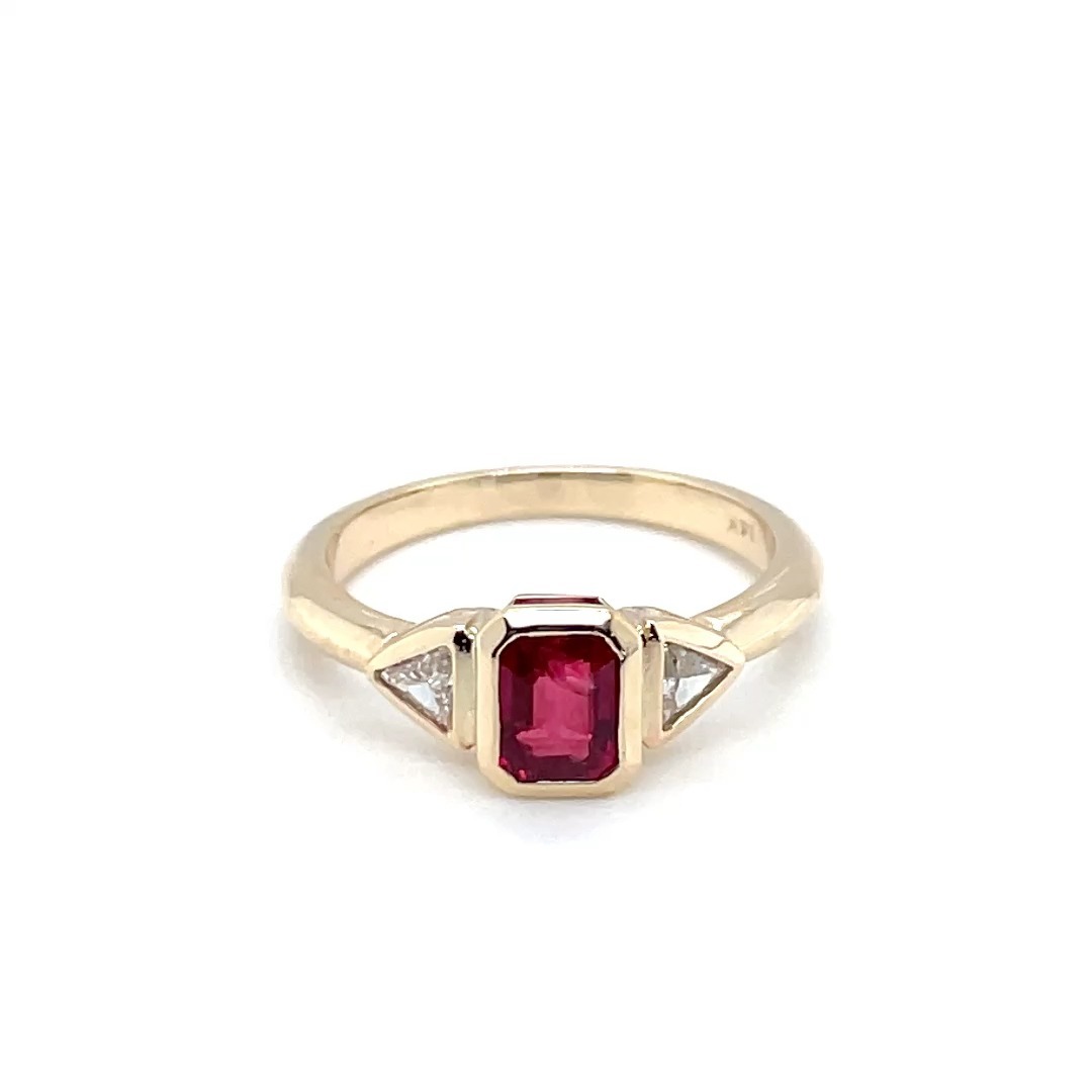 14K Y/G Ring with.46ct. Genuine Emerald Cut Ruby with Two Trillion Cut Diamonds at .45Ct. T.W.