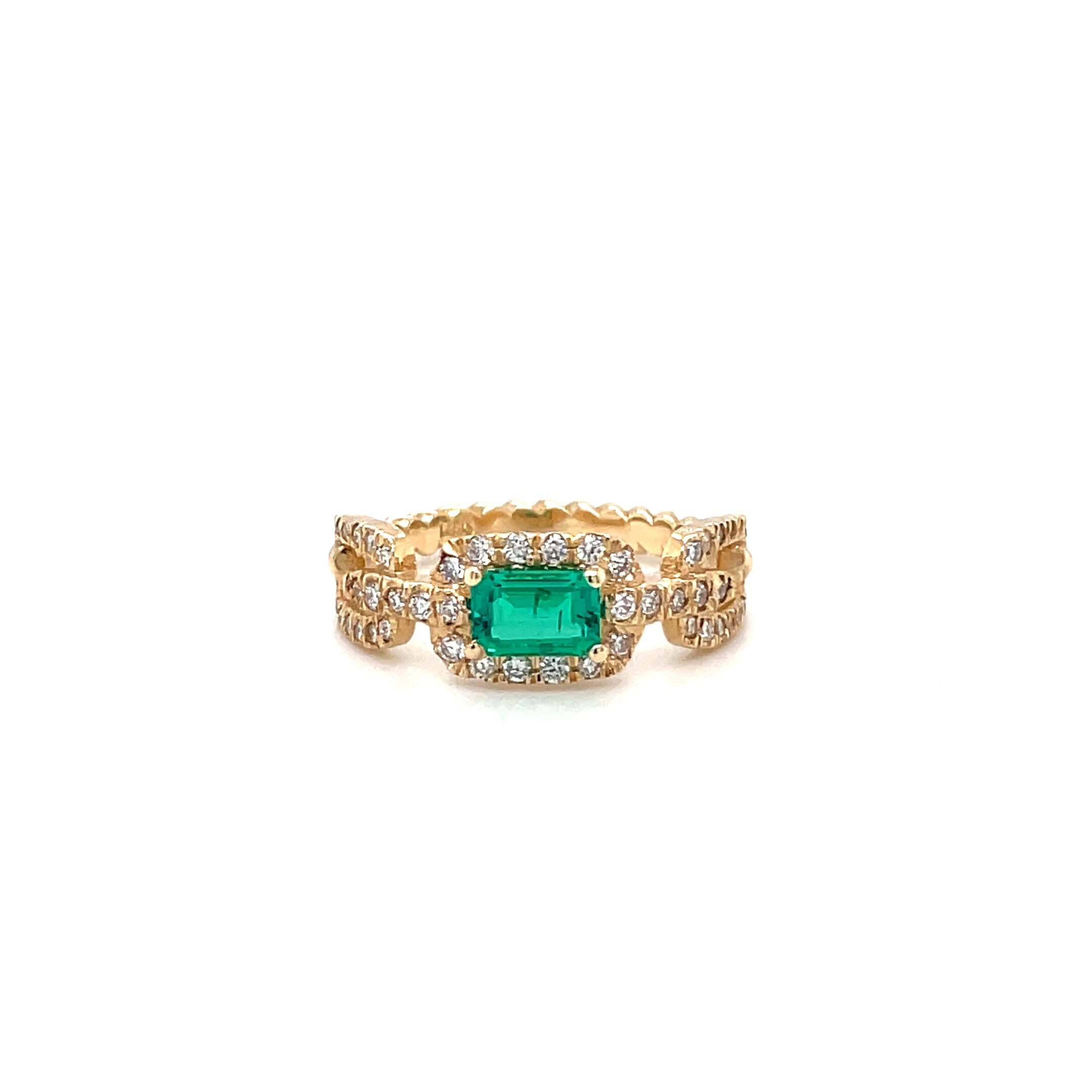 14K Yellow Gold Fashion Ring with Emerald-Cut Lab Grown Emerald and .50ct total weight Lab Grown Diamonds