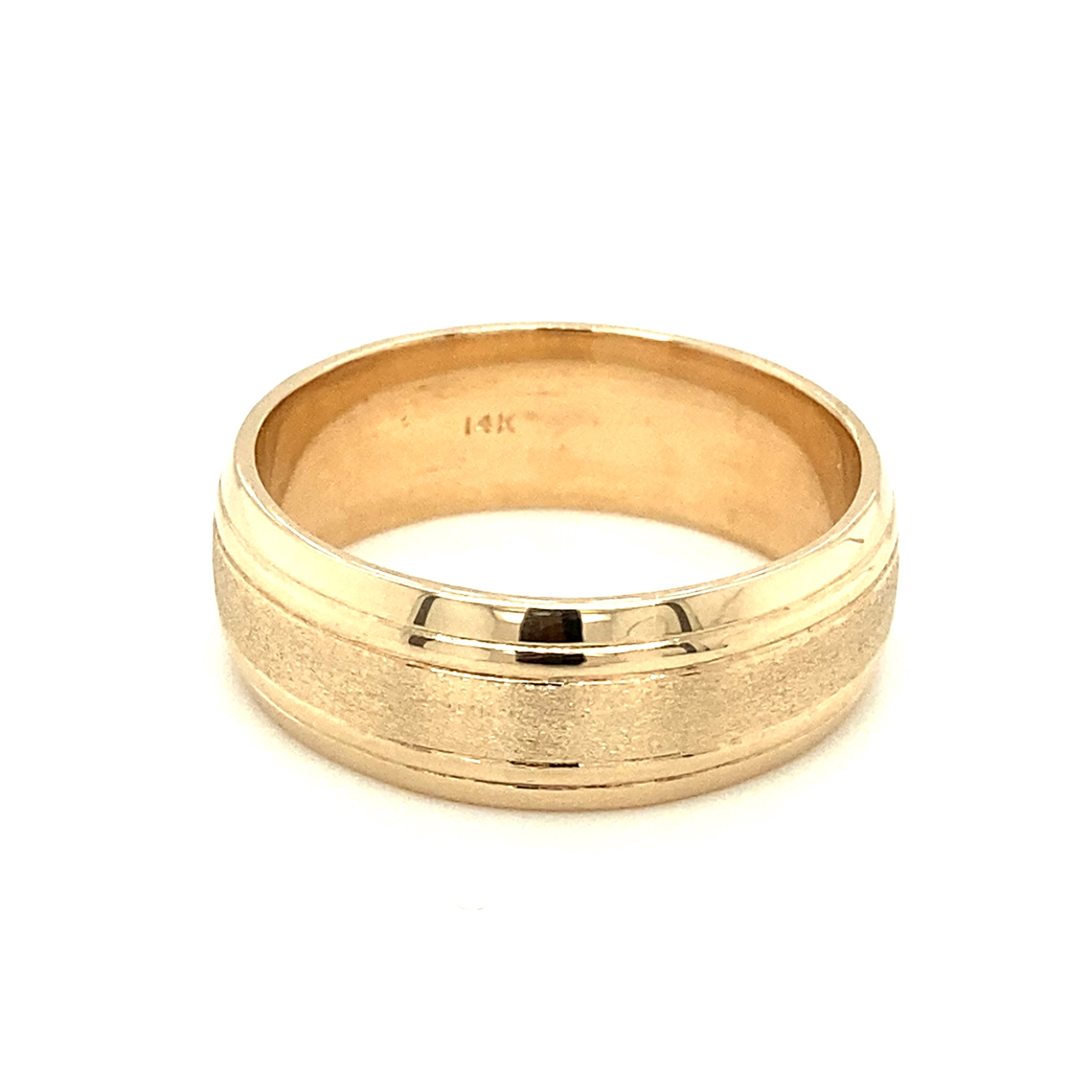 14k Yellow Gold Mens Wedding Band with High Polish and Stone Finish Center 8mm