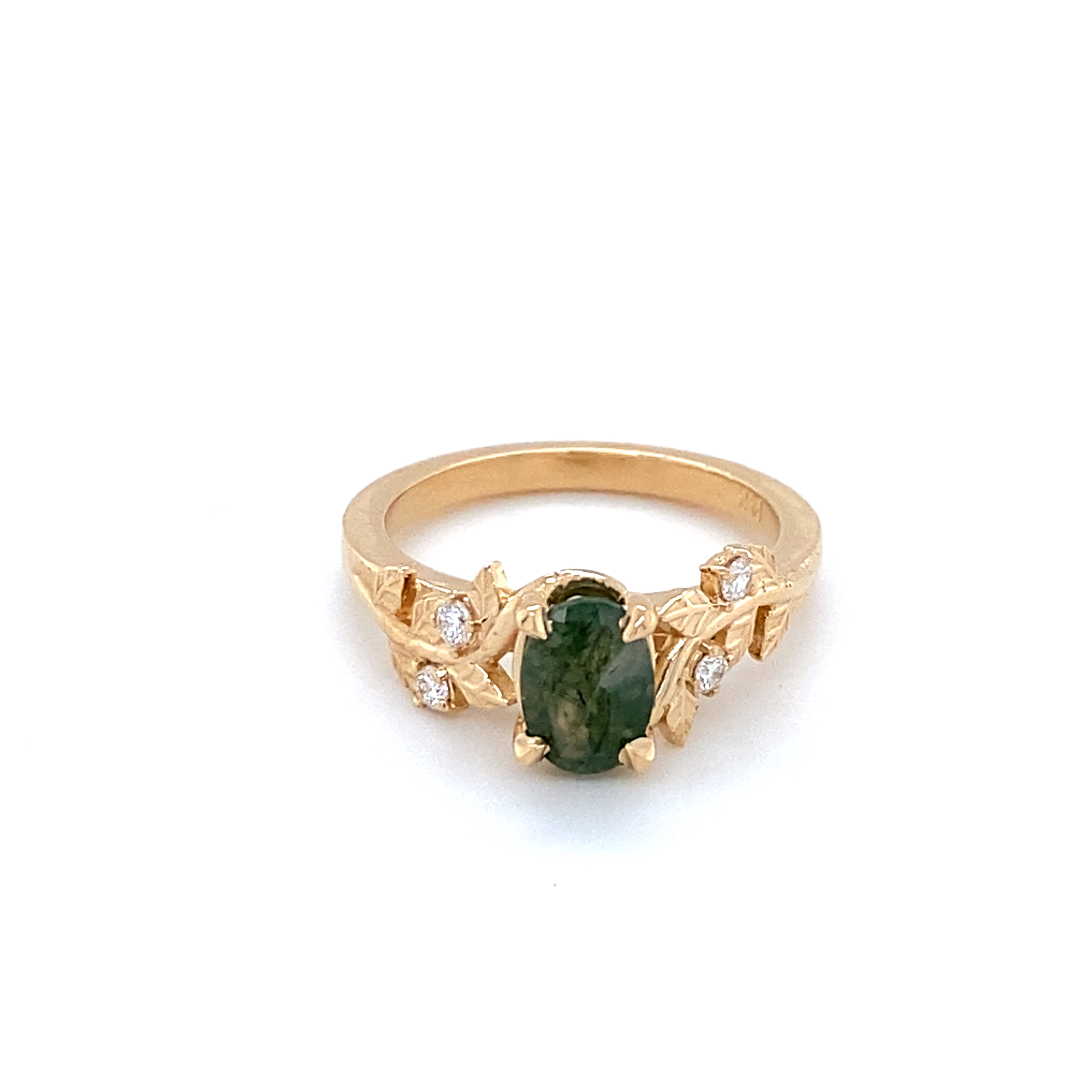 14k yellow gold moss agate ring with leaves and lab grown diamonds .10ct total weight
