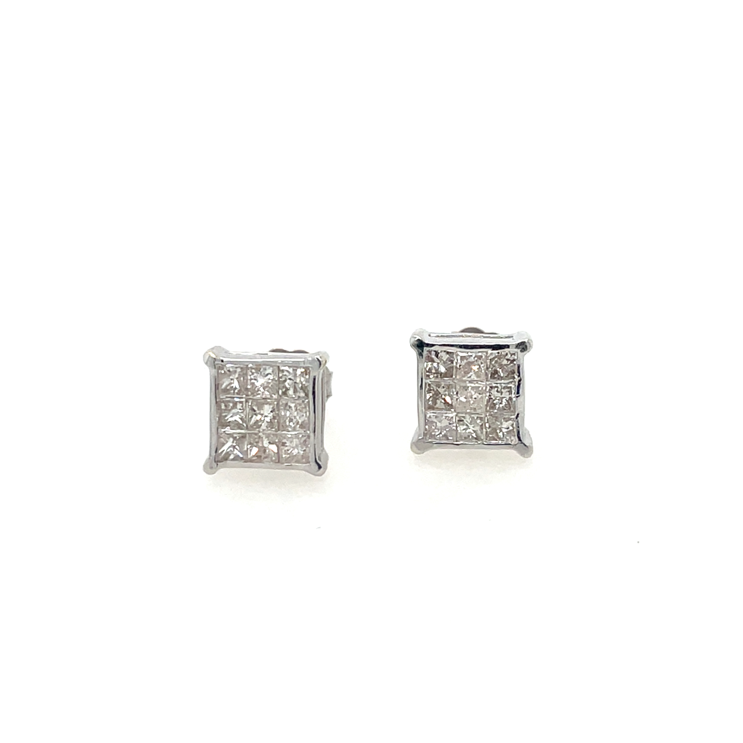 1.08ct Total Weight Invisible Set Diamond (I1/I-J) Earrings 14k White Gold 