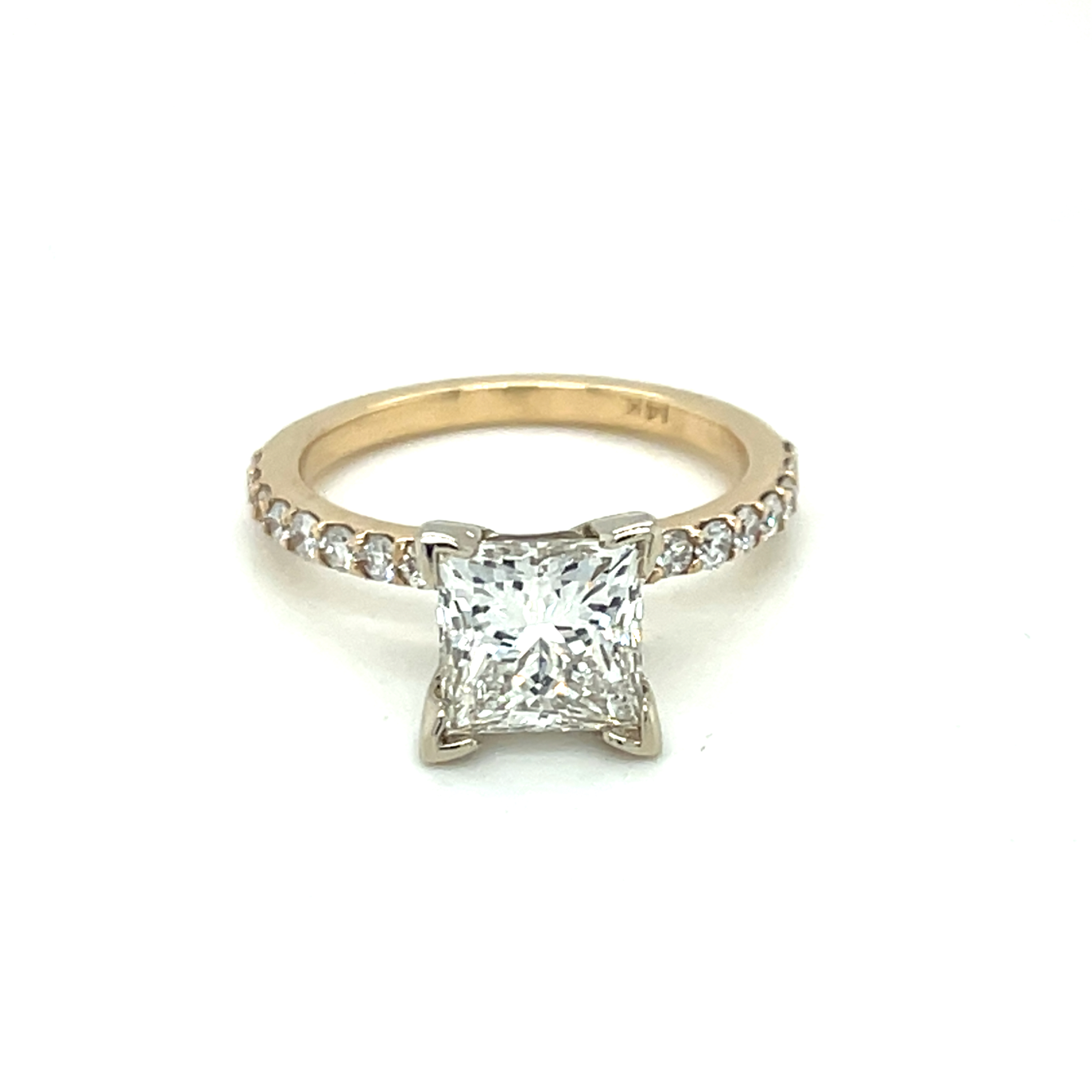 2.08Ct. Lab Grown Princess Cut Diamond VS1/F Engagement Ring with .40Ct. Semi 14k Yellow Gold