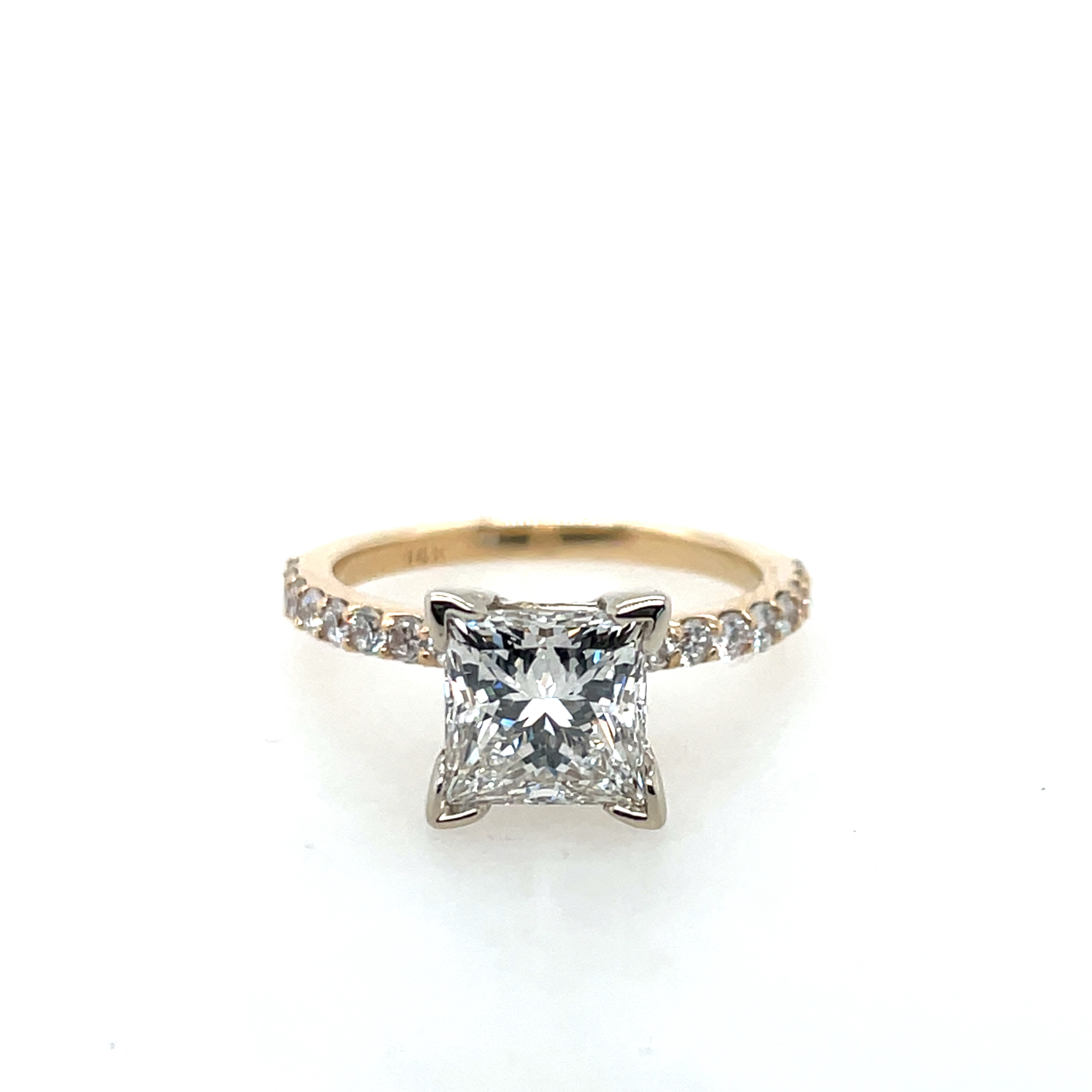2.08Ct. Lab Grown Princess Cut Diamond VS1/F Engagement Ring with .40Ct. Semi 14k Yellow Gold