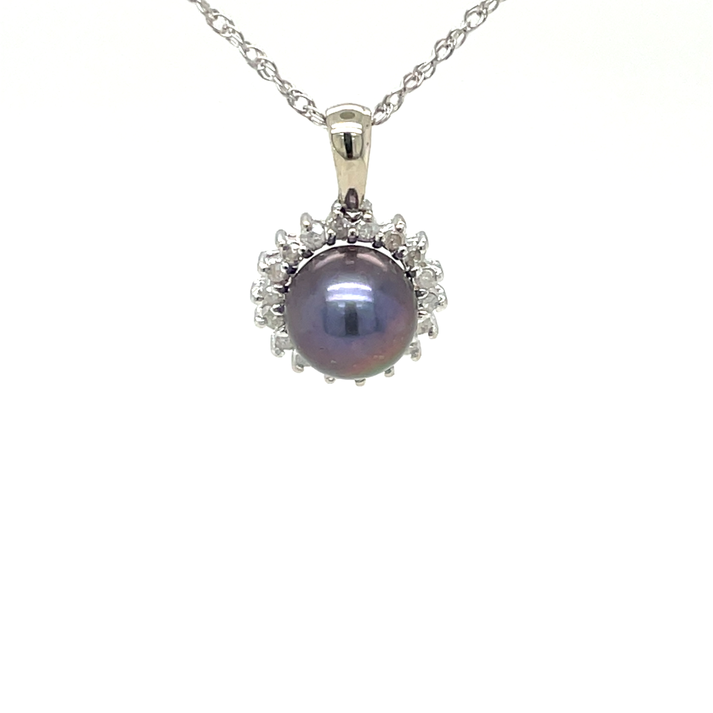 7.5mm Black Akoya Cultured Pearl Pendant with .14ct total weight Diamonds (I1/I) in 14k White Gold