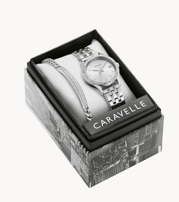 Caravelle Ladies Watch and Bracelet Gift Set in Silver-Tone Stainless Steel with Crystals