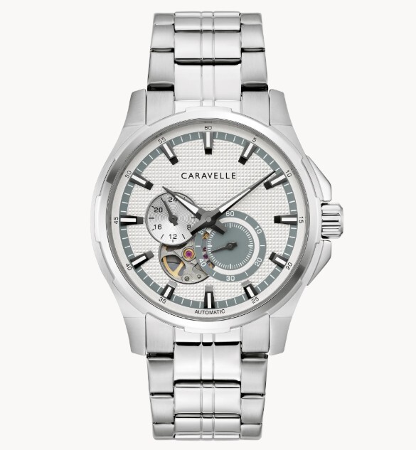 Caravelle Men's Dress Automatic Movement Watch, Stainless Steel with Textured White Dial and Exhibition Case