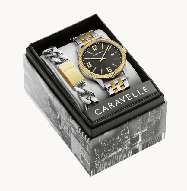 Caravelle Mens Watch and Bracelet Gift Set in Two-Tone Stainless Steel with Black Sunray Dial 41mm